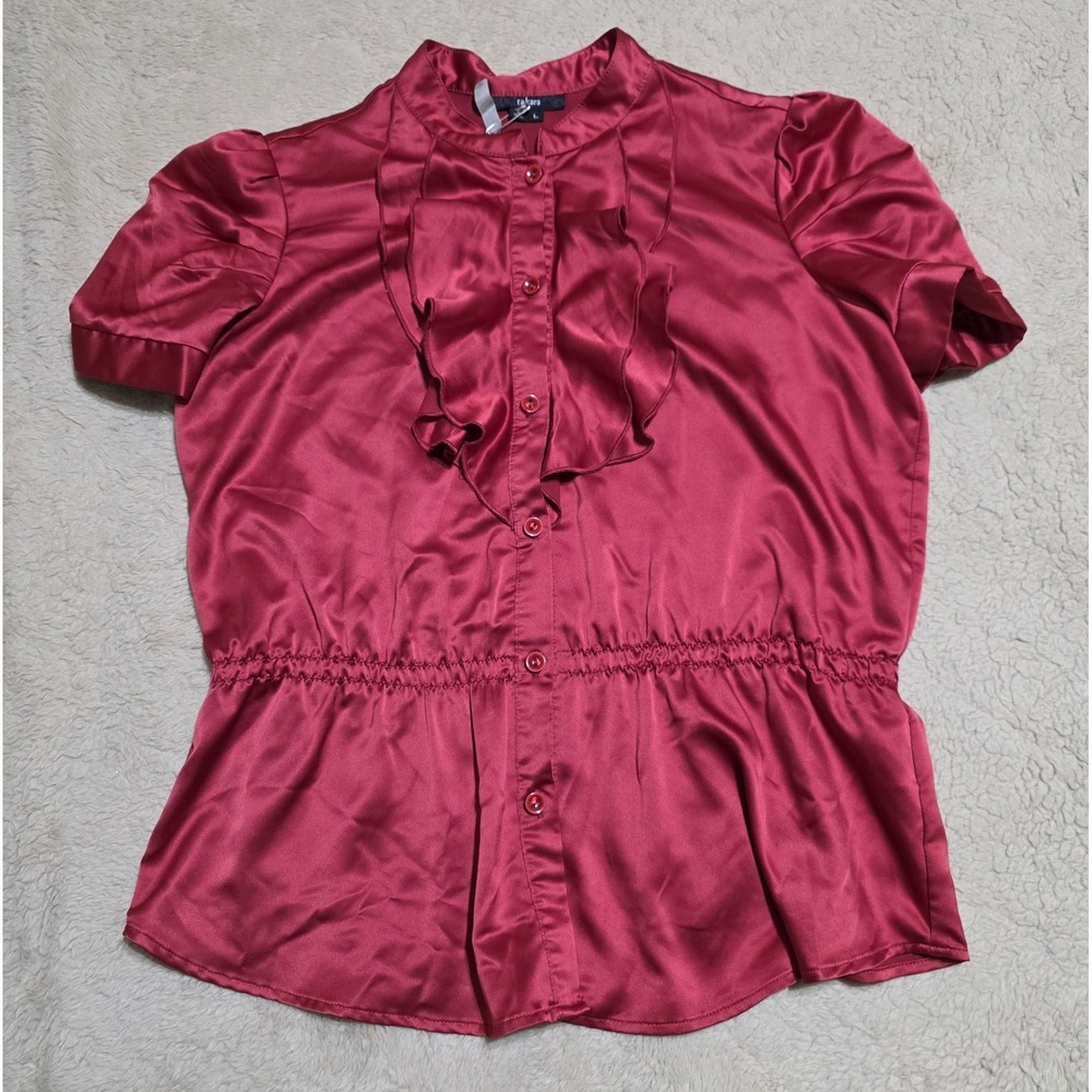 Takara Red Satin Ruffle Front Blouse Size L